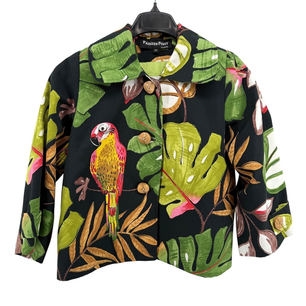 Painted Pony Tropical Parrot Jacket Womens Medium Pre-Owned Black Green Monstera